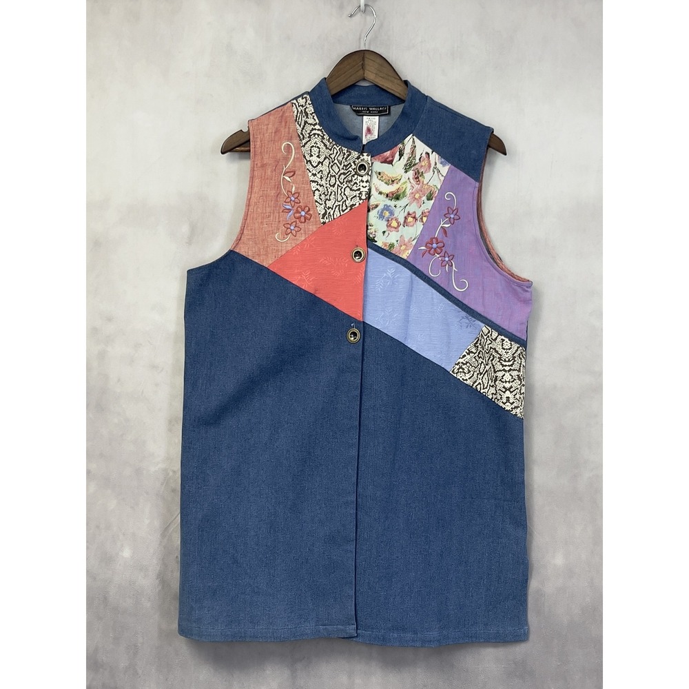Vintage Harris Wallace Patchwork Denim Vest Women Large Floral Boho Art to‎ Wear